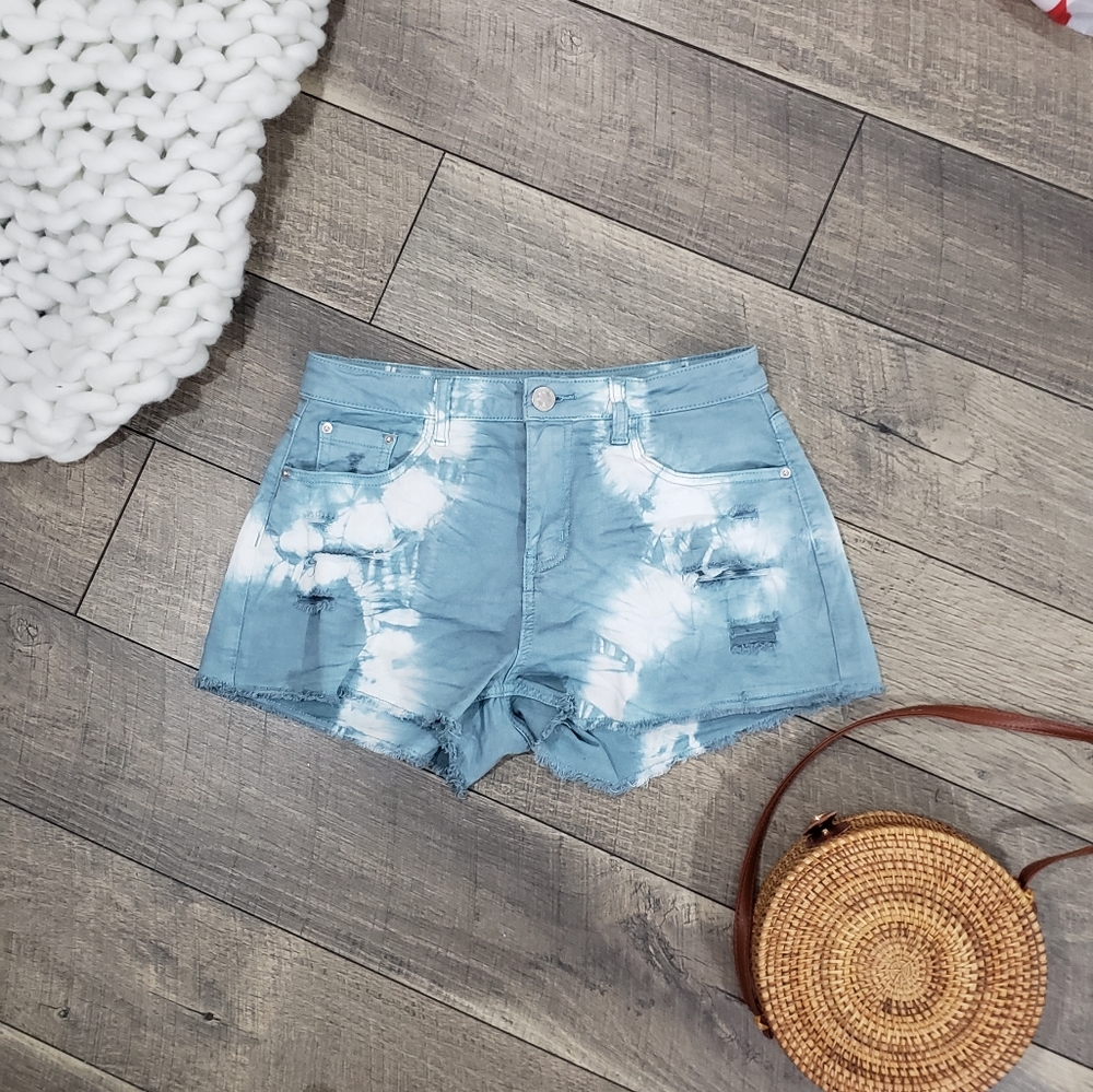 Blue & White Acid Wash Frayed Stretch Jean Shorts